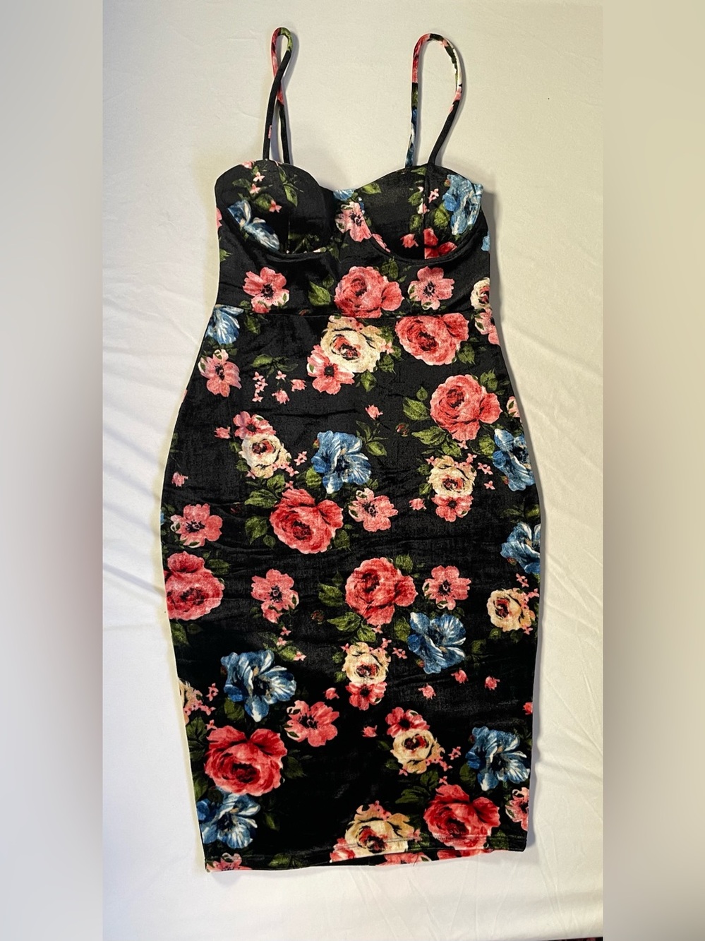 Vintage 90s-Inspired Floral Velvet Bodycon Dress Black Size M Sweetheart Bustier